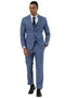 Men's Stacy Adams blue glen plaid suit. Tailored fit, single-breasted blazer with notch lapels, matching slim-fit trousers. Includes a vest, blue base with light blue & gray plaid.
