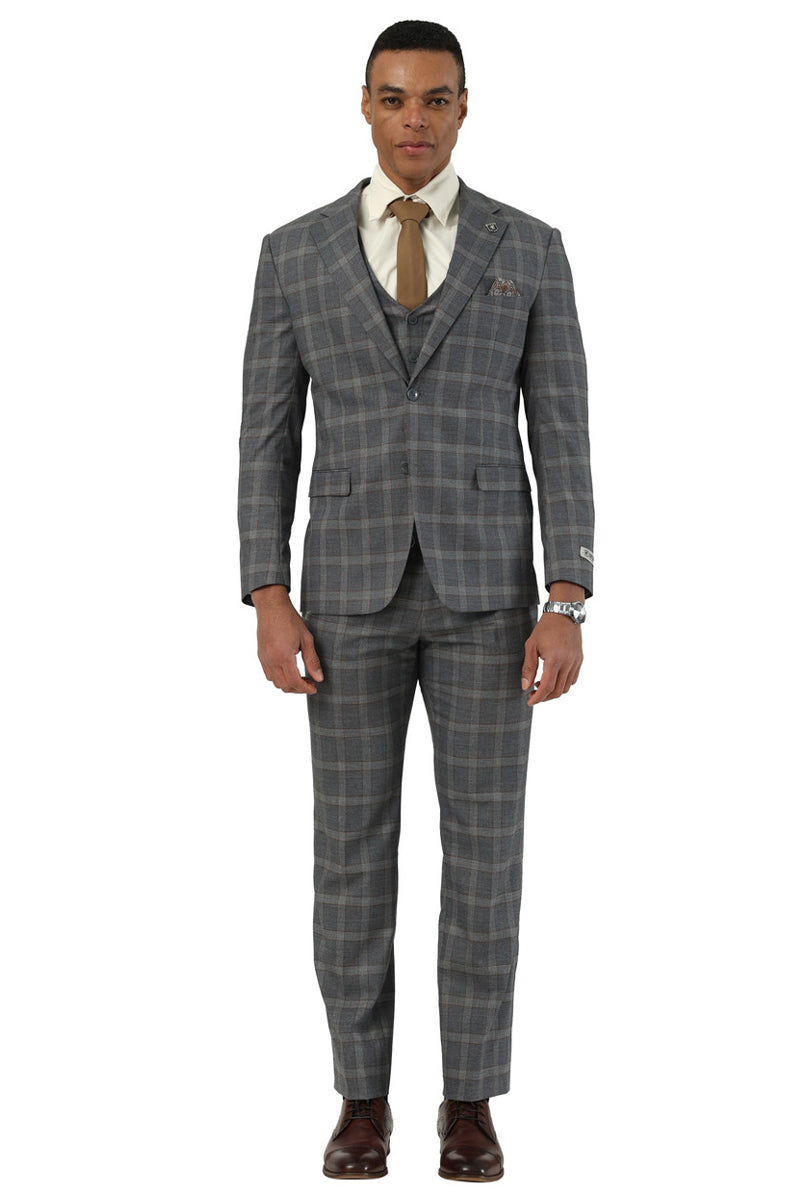 Stacy Adams men's charcoal brown glen plaid suit. Tailored fit, structured blazer, and slim-fit trousers. Features a vest, notched lapel, and soft fabric. Classic style with a subtle plaid pattern.