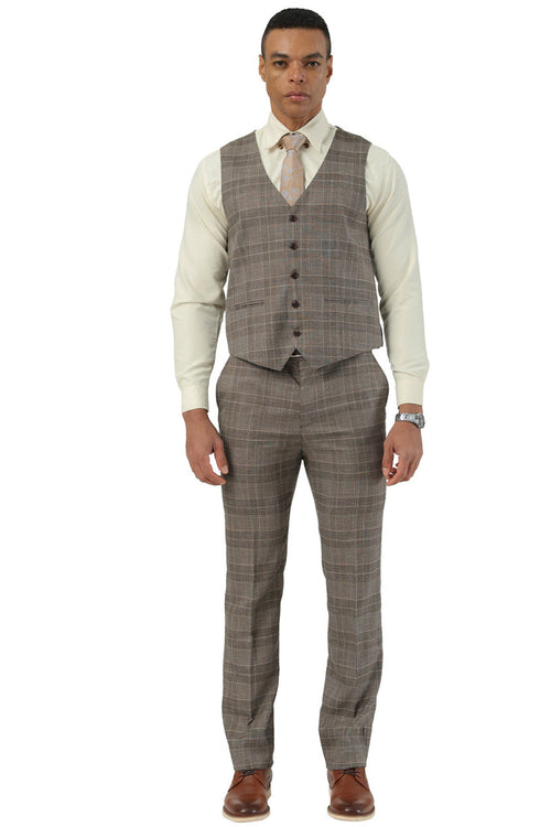Men's Stacy Adams brown glen plaid suit. Two-button, wide notch lapel with a fitted vest and matching trousers. Brown glen plaid pattern with blue accents. Tailored fit, fabric-based.