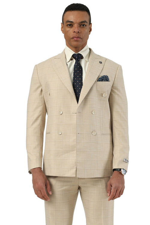 Stacy Adams men's beige double-breasted summer suit. Windowpane plaid pattern. Two-button closure, notched lapel. Lightweight fabric, ideal for warm weather. Matching trousers.