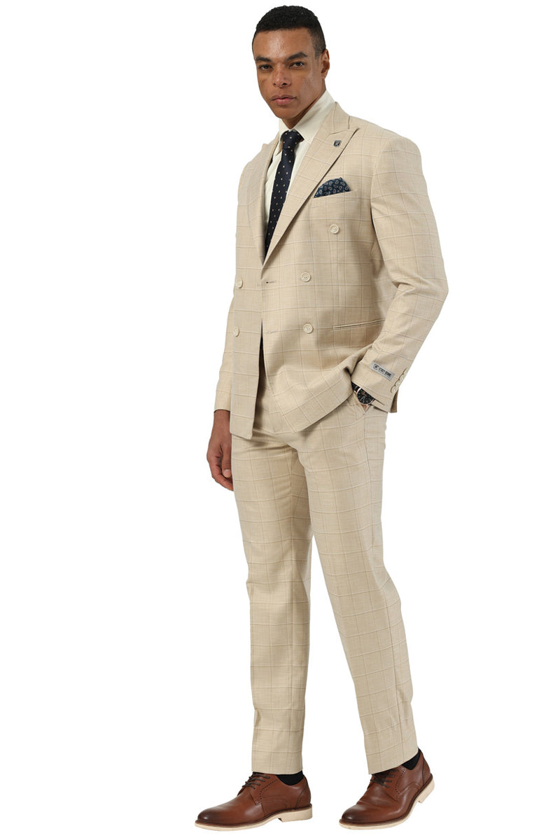 Men's beige Stacy Adams double-breasted summer suit with windowpane plaid. Structured fit jacket with matching trousers, designed for warm weather.