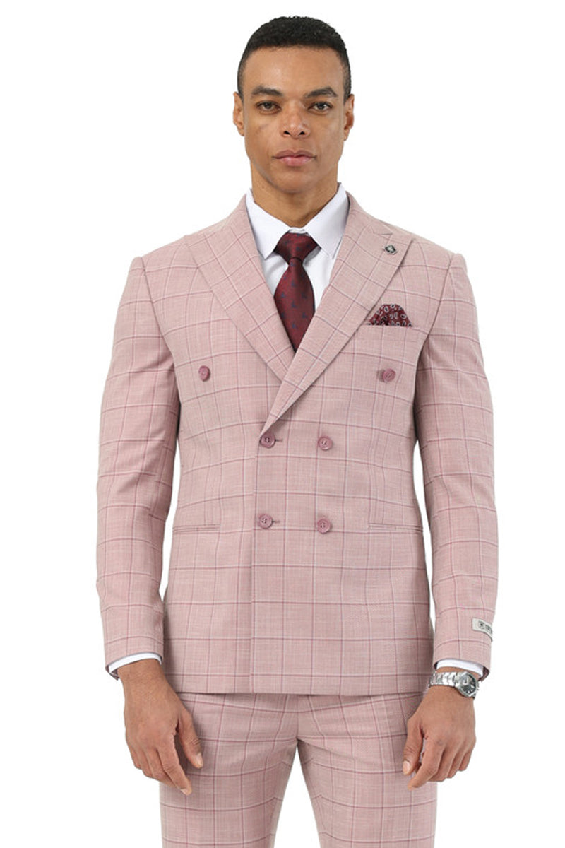 Men's Stacy Adams pink windowpane plaid double-breasted summer suit. Structured jacket, tailored fit, notched lapels, and matching trousers. Lightweight fabric with subtle contrasting plaid lines. Pocket square included.