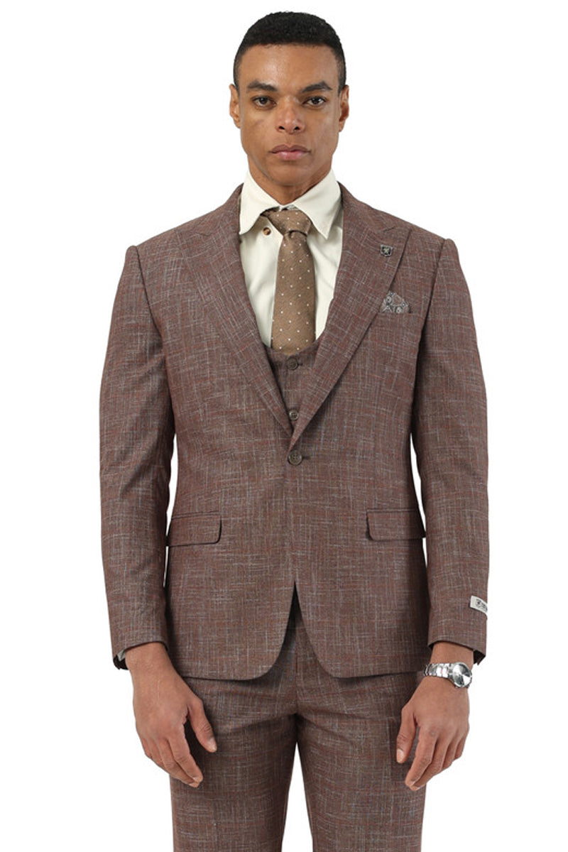 Men's Stacy Adams brown sharkskin suit with a windowpane pattern. Features a one-button closure, peak lapel, matching vest, and two front pockets. Tailored fit.