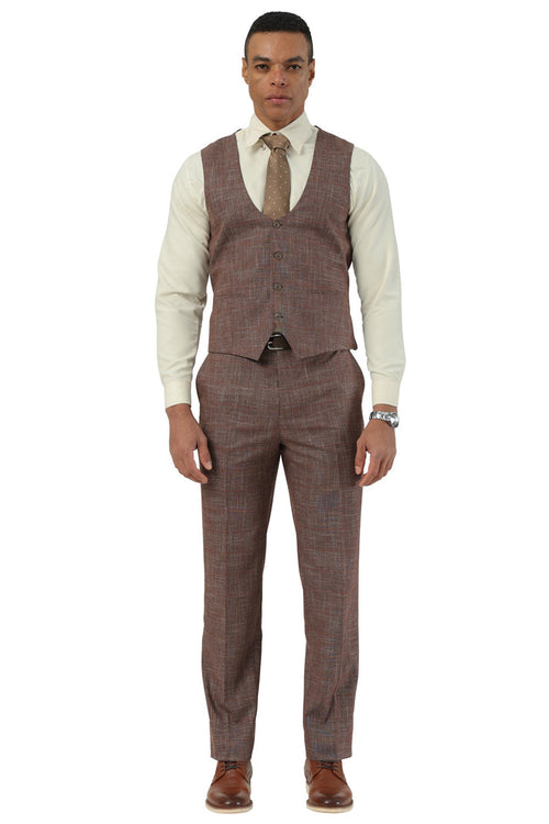 Men's Stacy Adams brown sharkskin suit with a subtle windowpane pattern. Includes a fitted vest and pleated pants. Features a peak lapel and one-button closure.