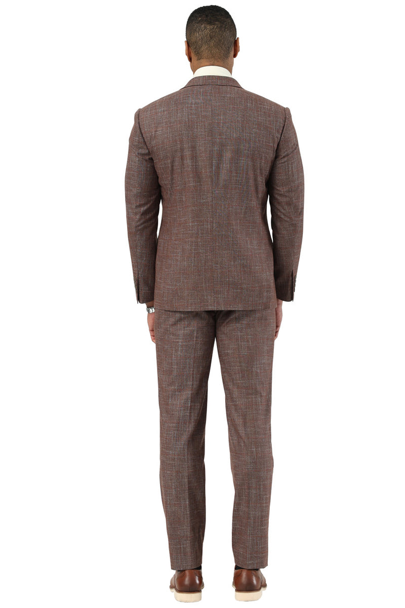 Men's Stacy Adams brown sharkskin suit with a windowpane pattern. Features a fitted, one-button jacket with peak lapels, matching vest, and trousers.