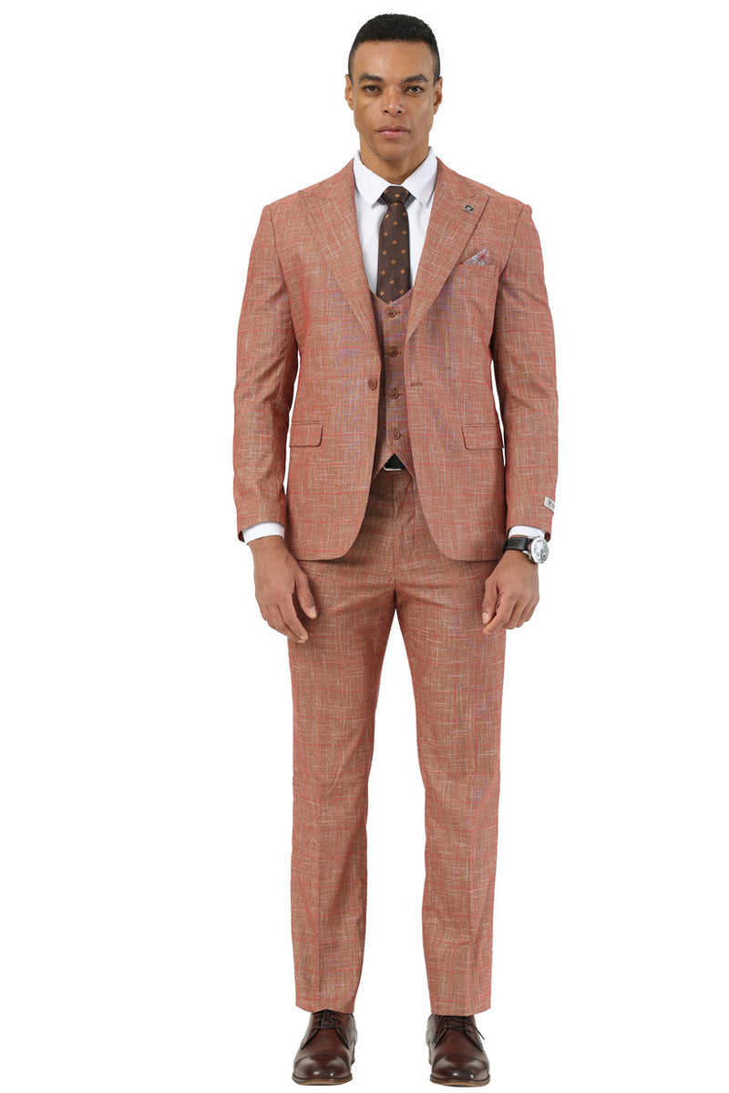 Stacy Adams men's suit: one-button peak lapel, taupe sharkskin windowpane. Includes fitted jacket, matching trousers, and vest. Textured fabric with subtle check pattern.