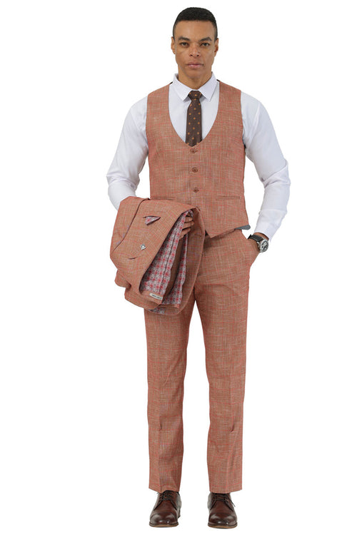 Men's Stacy Adams suit: taupe sharkskin windowpane. One-button peak lapel blazer, fitted vest (3-button, deep V), and tailored trousers. Textured fabric with subtle taupe variations.
