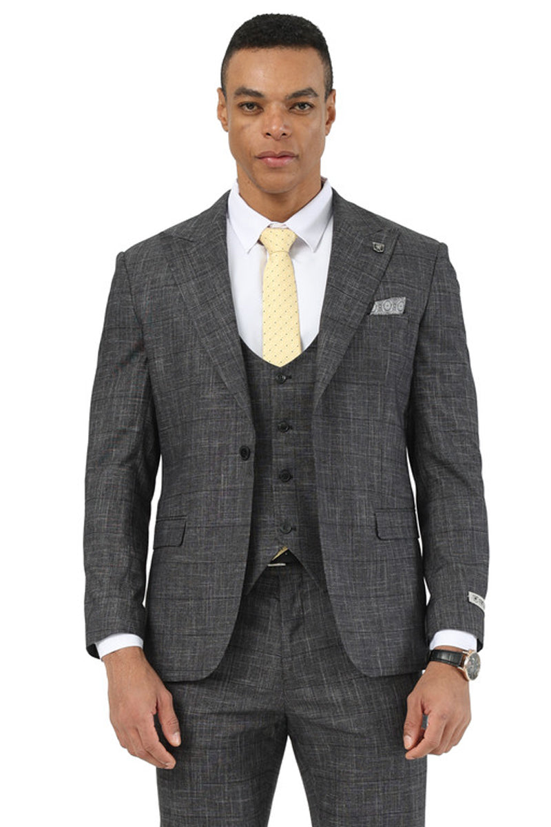 Men's Stacy Adams one-button suit in black sharkskin windowpane. Structured silhouette with peak lapels, featuring a visible vest and matching trousers. Textured pattern adds depth.