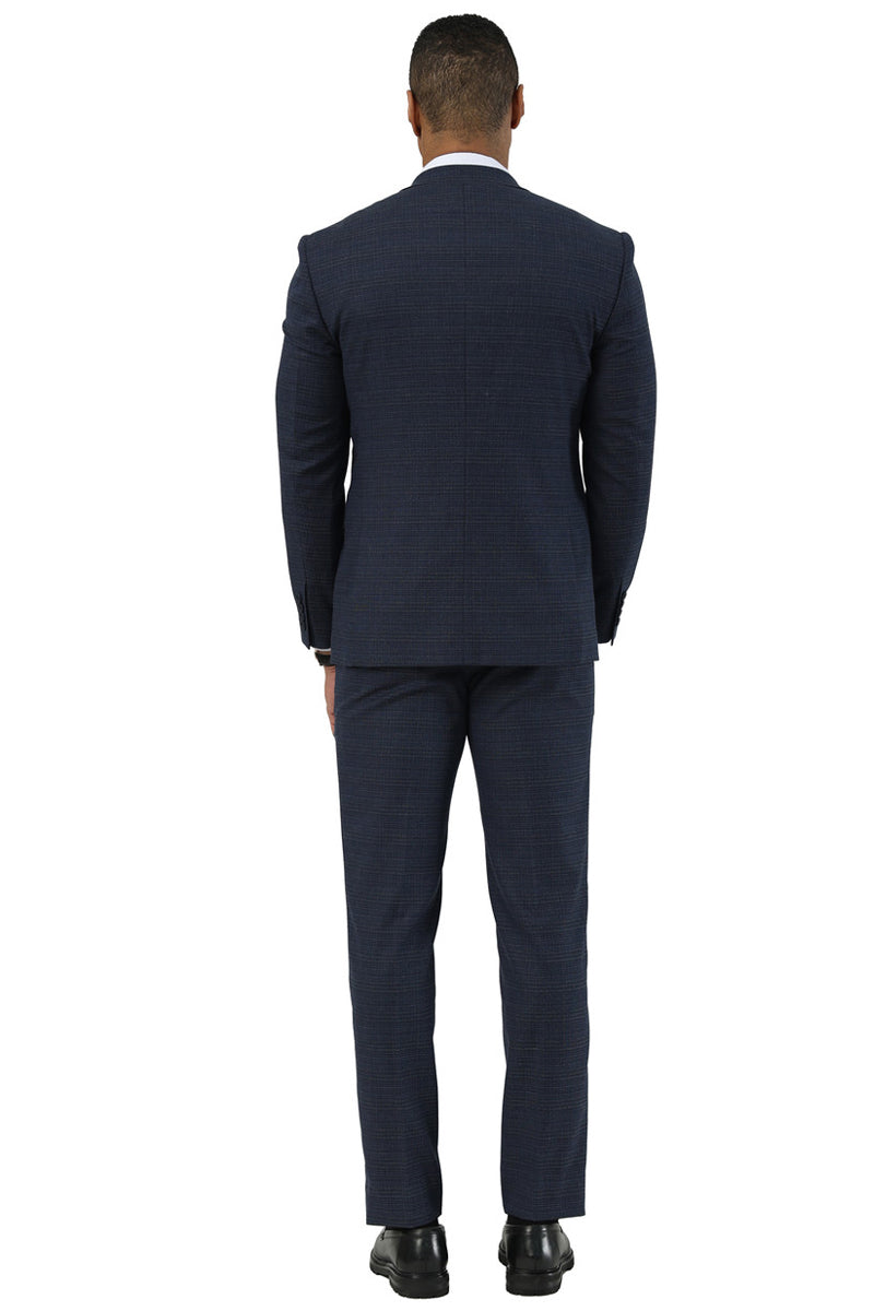 Navy glen plaid Stacy Adams suit. Two-button, peak lapel jacket with tailored fit, structured silhouette, and straight trousers. Smooth fabric blend, ideal for formal occasions.