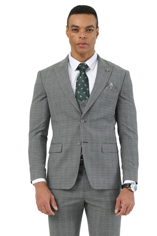 Men's Stacy Adams grey glen plaid suit: fitted silhouette, two-button peak lapel jacket, matching vest, tailored trousers, and a green patterned tie/pocket square for subtle detail.
