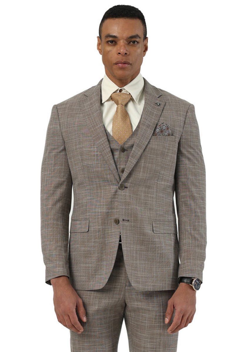 Stacy Adams men's light brown sharkskin vested suit. Tailored fit, single-breasted blazer with notched lapel and 3-button closure. Subtle texture, checkered pattern, and matching vest.