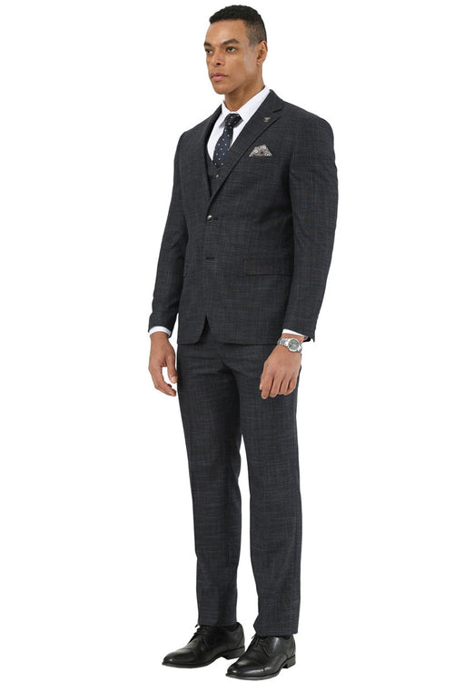 Stacy Adams black sharkskin vested suit. Structured, single-breasted jacket, matching trousers, and vest. Textured sharkskin weave. Notched lapel, single-button closure, straight-fit trousers for a formal look.