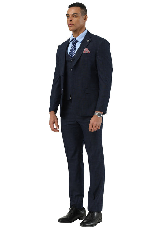 Stacy Adams navy blue vested suit. Sharkskin weave. Tailored jacket with single-button closure, pockets, and classic lapel. Straight-leg pants. Matching vest included.