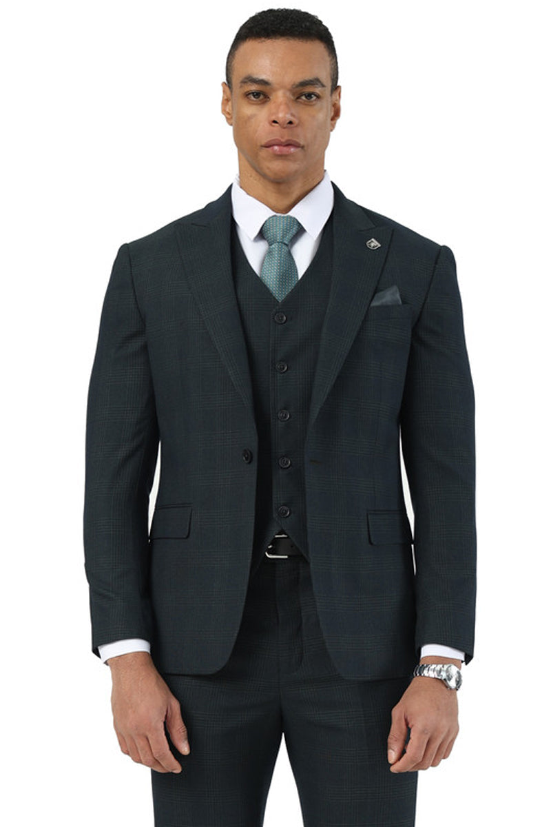 Men's Stacy Adams hunter green plaid suit. One-button jacket with peak lapels, matching vest, and tailored trousers. Smooth weave fabric.