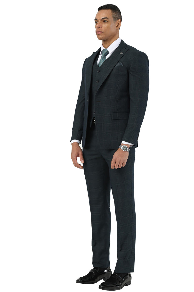Dark hunter green plaid Stacy Adams men's suit. Features a fitted cut, peak lapel, one-button closure blazer, and a matching vest. Tailored trousers complete the sleek silhouette.