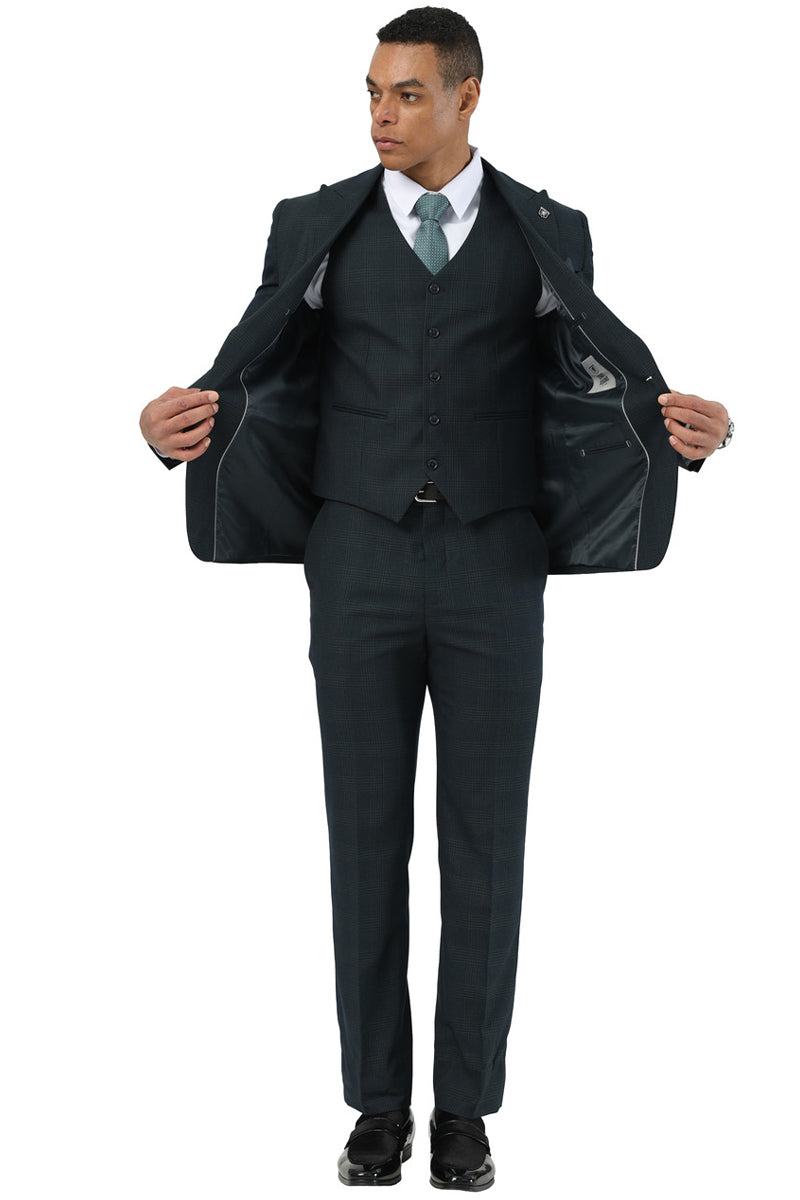 Stacy Adams men's suit: dark hunter green plaid. One-button peak lapel jacket, matching vest, tailored trousers. Smooth fabric (wool or blend), fitted silhouette. Jacket has lining and pockets. Coordinated color and design.