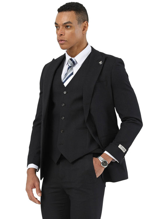 Stacy Adams men's black plaid suit with peak lapel, one-button jacket, and vest. Includes dress shirt and striped tie. Tailored fit for a polished look.