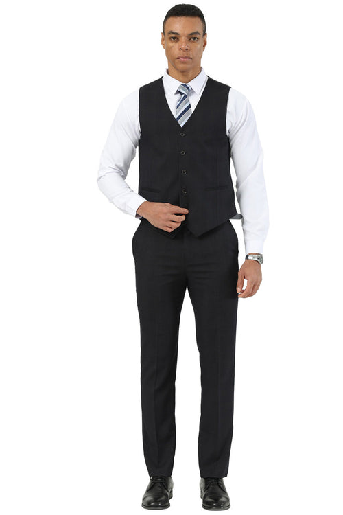 Men's Stacy Adams suit: Black, subtle plaid, one-button peak lapel. Includes fitted vest (four buttons, two pockets) and straight-leg trousers. Classic and tailored.