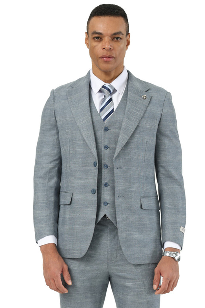 Men's Stacy Adams business suit in light grey sharkskin. Structured jacket with notch lapel, two buttons. Matching vest with five buttons. Tailored for a fitted look.
