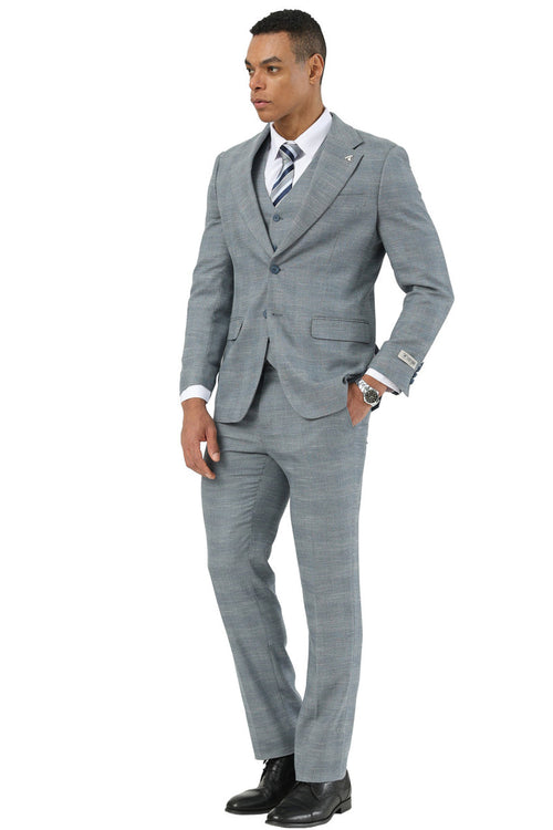 Stacy Adams men's light grey sharkskin suit. Two-button jacket with shawl lapel, matching vest, and slim-fit trousers. Textured fabric with subtle sharkskin pattern. Jacket features two front pockets and rear vent.