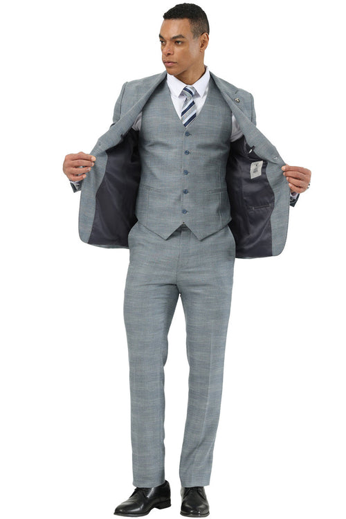 Men's light grey Stacy Adams sharkskin suit: single-breasted blazer, matching vest & tapered trousers. Subtle pattern, notch lapel, four buttons, dark lining. Coordinated business attire.