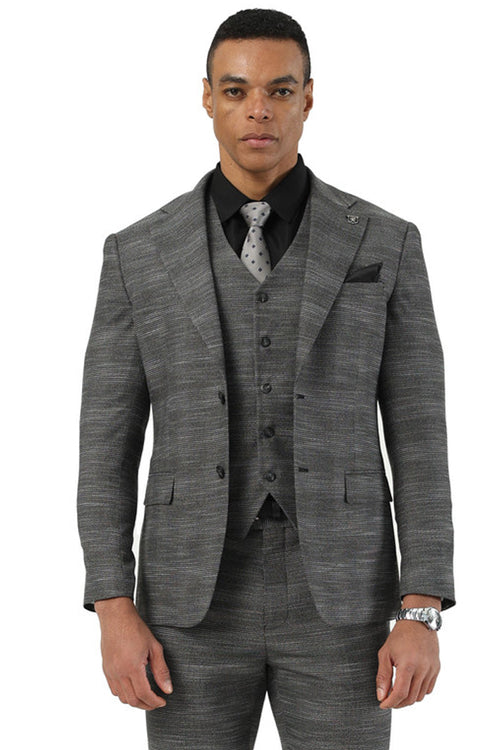 Charcoal grey sharkskin Stacy Adams men's suit: fitted blazer (notch lapel, pockets), matching vest, and tailored trousers. Classic style.