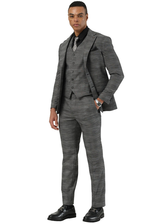 Charcoal grey Stacy Adams men's business suit: fitted blazer (single-breasted, 3-button), matching vest, and straight-cut trousers. Sharkskin pattern. Woven fabric.