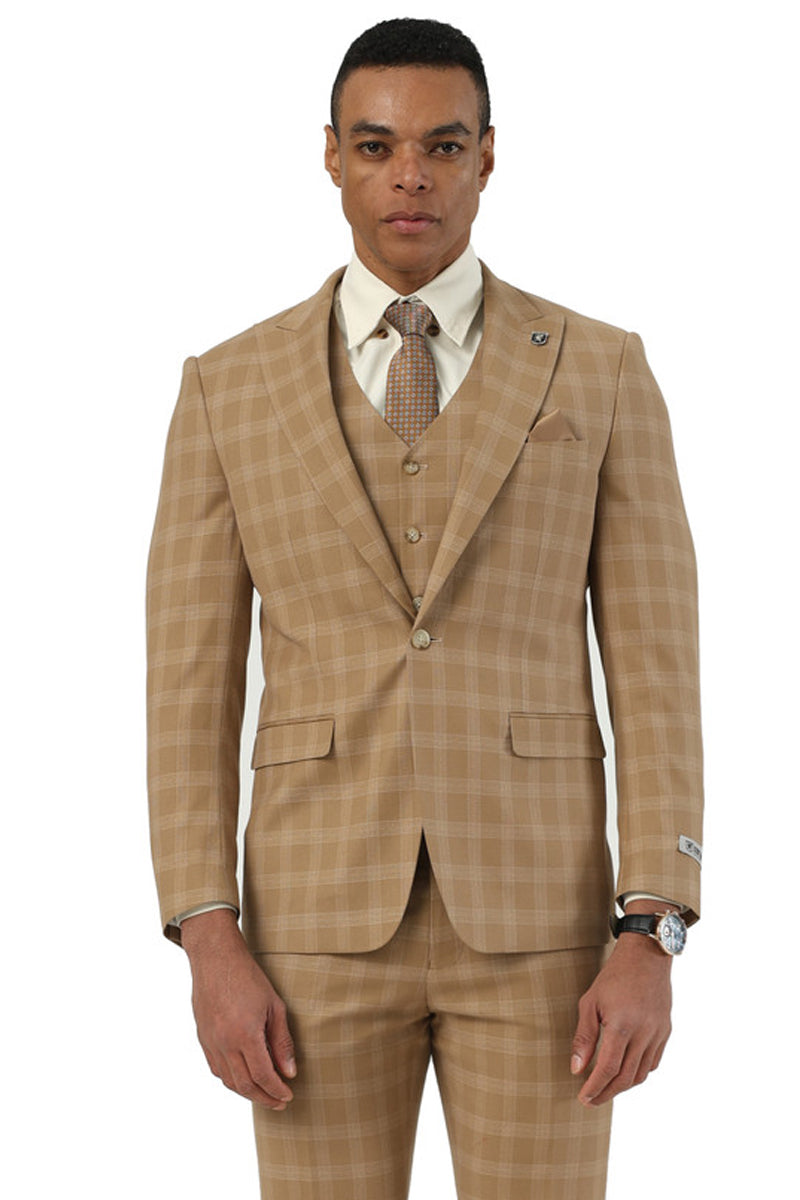 Men's Stacy Adams taupe plaid suit. Fitted, one-button closure, peak lapel, and matching vest. Woven fabric with plaid pattern. Jacket has two front pockets.