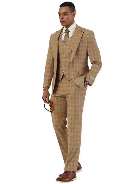 Men's Stacy Adams taupe plaid suit with a tailored fit. One-button closure, peak lapels, and a matching vest create a structured look. Lightweight fabric, grid plaid pattern. Includes trousers.