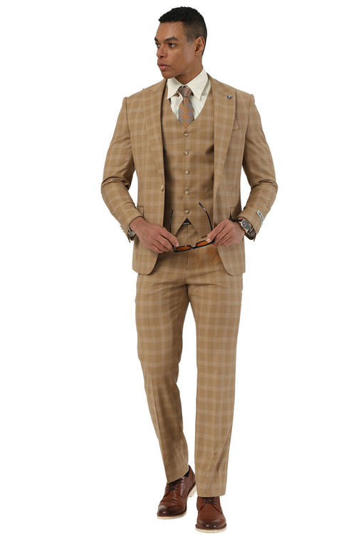 Men's Stacy Adams taupe plaid suit. Tailored fit, single-button closure, peak lapels. Includes a five-button vest. Trousers match. Features light taupe plaid pattern.