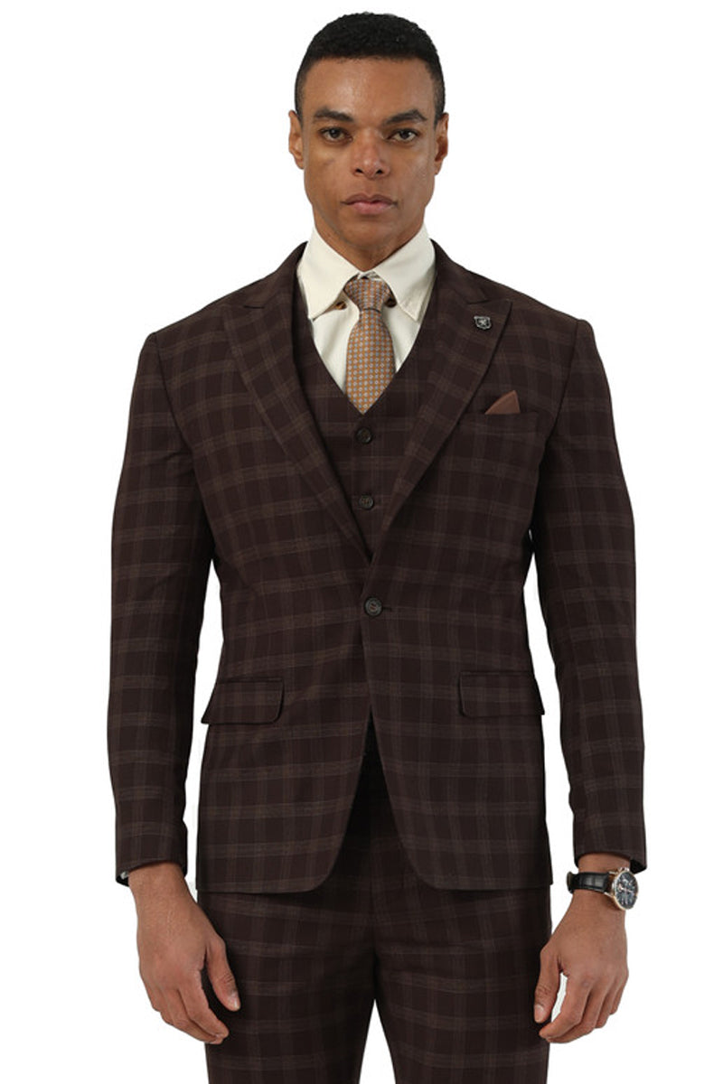 Stacy Adams men's brown plaid suit. One-button jacket with peak lapels and two front pockets. Matching vest. Woven fabric with dark brown and lighter plaid accents.