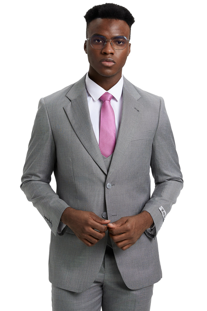 Light grey Stacy Adams men's sharkskin suit: two-button jacket with notched lapel and tailored fit. Vested, with a matching light grey, textured appearance.