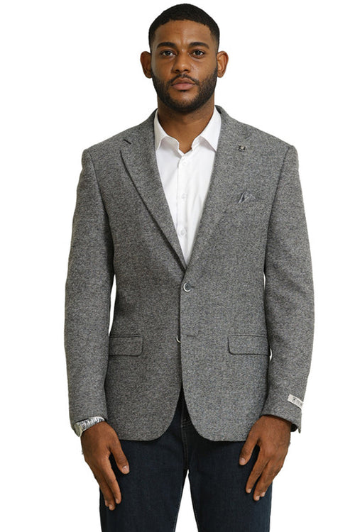 Stacy Adams men's grey tweed blazer. Vintage professor style with notched lapel, two front pockets, and a chest pocket. Single-button closure. Structured fit, suitable for formal or semi-formal events.