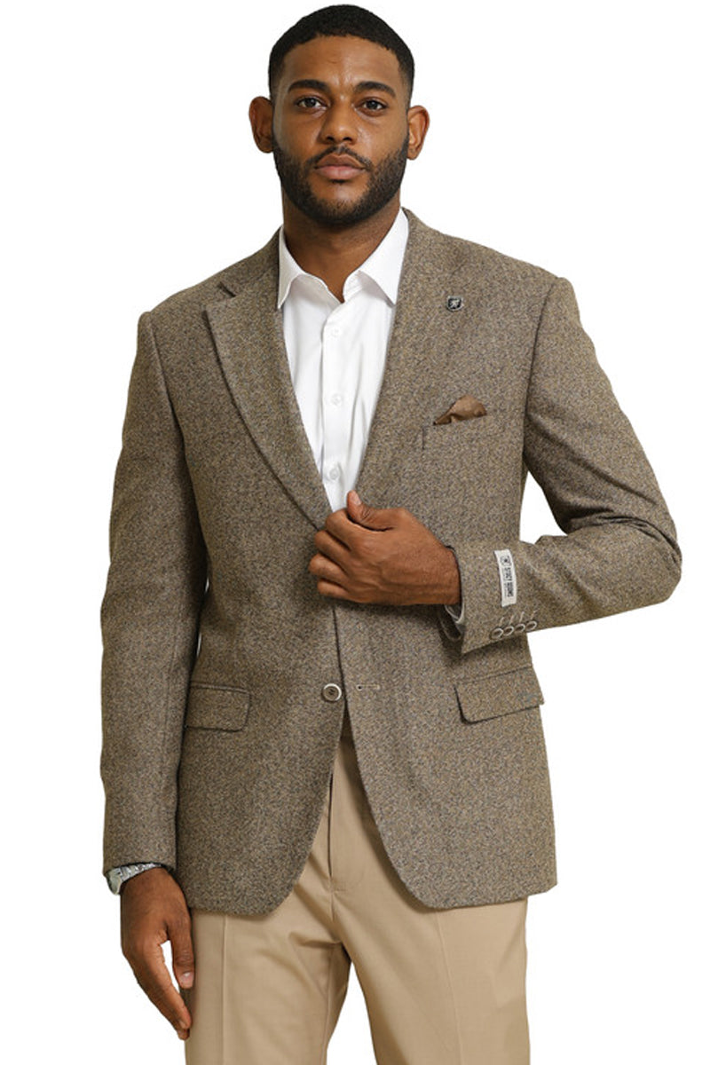 Men's Stacy Adams vintage tweed blazer in tan. Structured, single-breasted with notched lapels. Features a textured tweed fabric, two front pockets, and pocket square. Two-button closure with sleeve detailing.