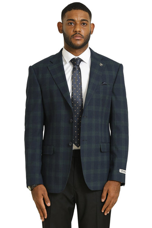 Modern fit Stacy Adams blazer in dark green plaid. Textured fabric, notched lapels, single-button closure, and two front pockets. Sleeves end above wrist for cuff visibility.