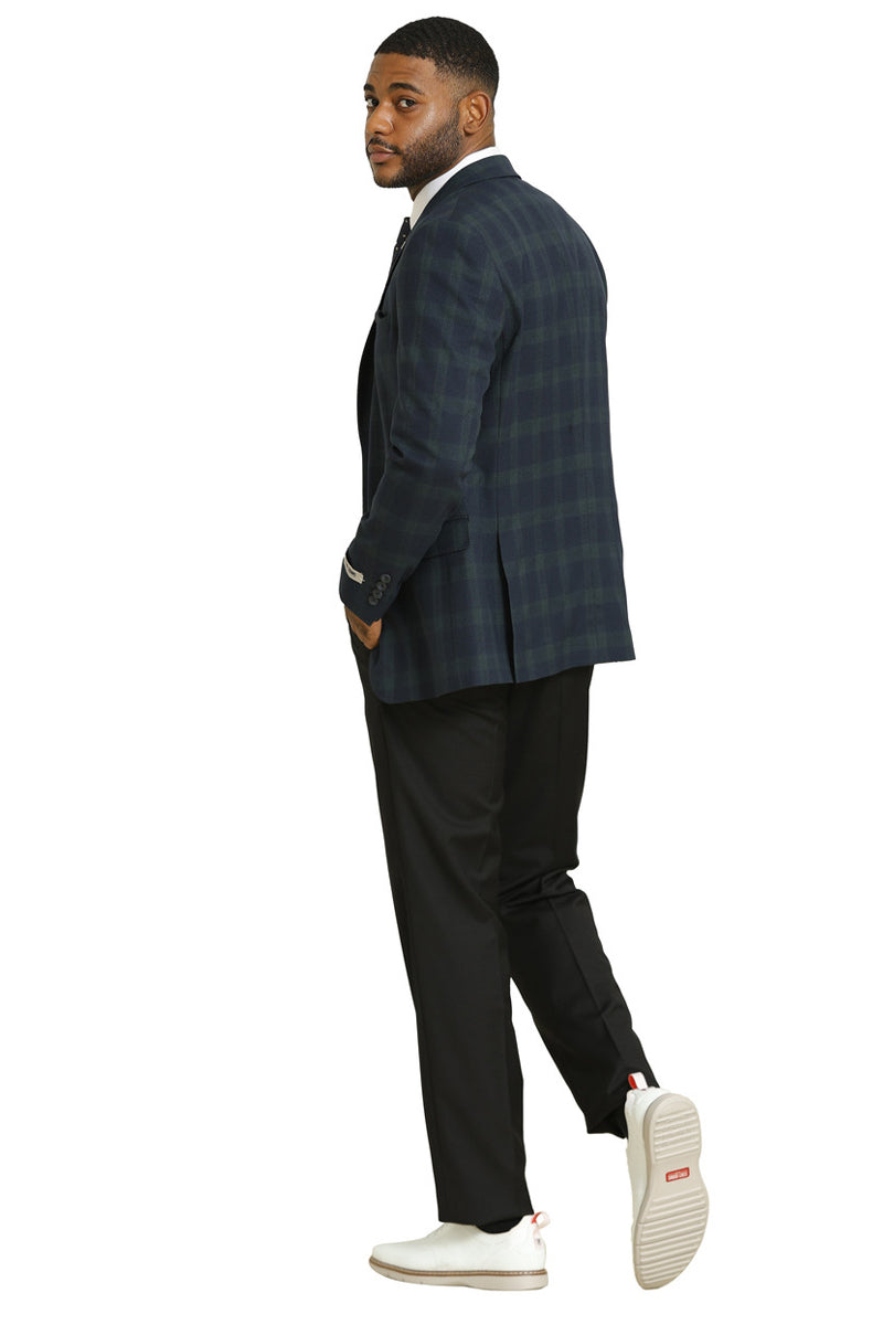 Dark green Stacy Adams sport coat. Modern fit, single-breasted blazer with plaid pattern (blue/light green). Notched lapels, vented back, buttoned cuffs, and two front pockets. Classic business style.