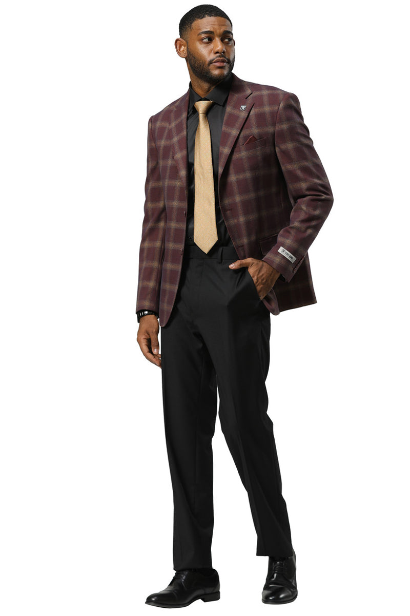 Men's Stacy Adams modern fit blazer in burgundy plaid. Single-button closure, notched lapels, and buttoned cuffs. Features front and chest pockets. Smooth, textured fabric with tailored appearance.