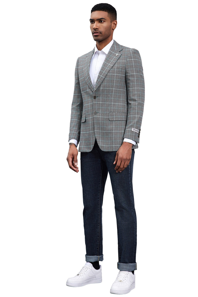 Stacy Adams men's modern fit sport coat. Grey plaid pattern, single-breasted, notch lapels. Structured, woven fabric. Fitted silhouette, button closures, and cuff details.