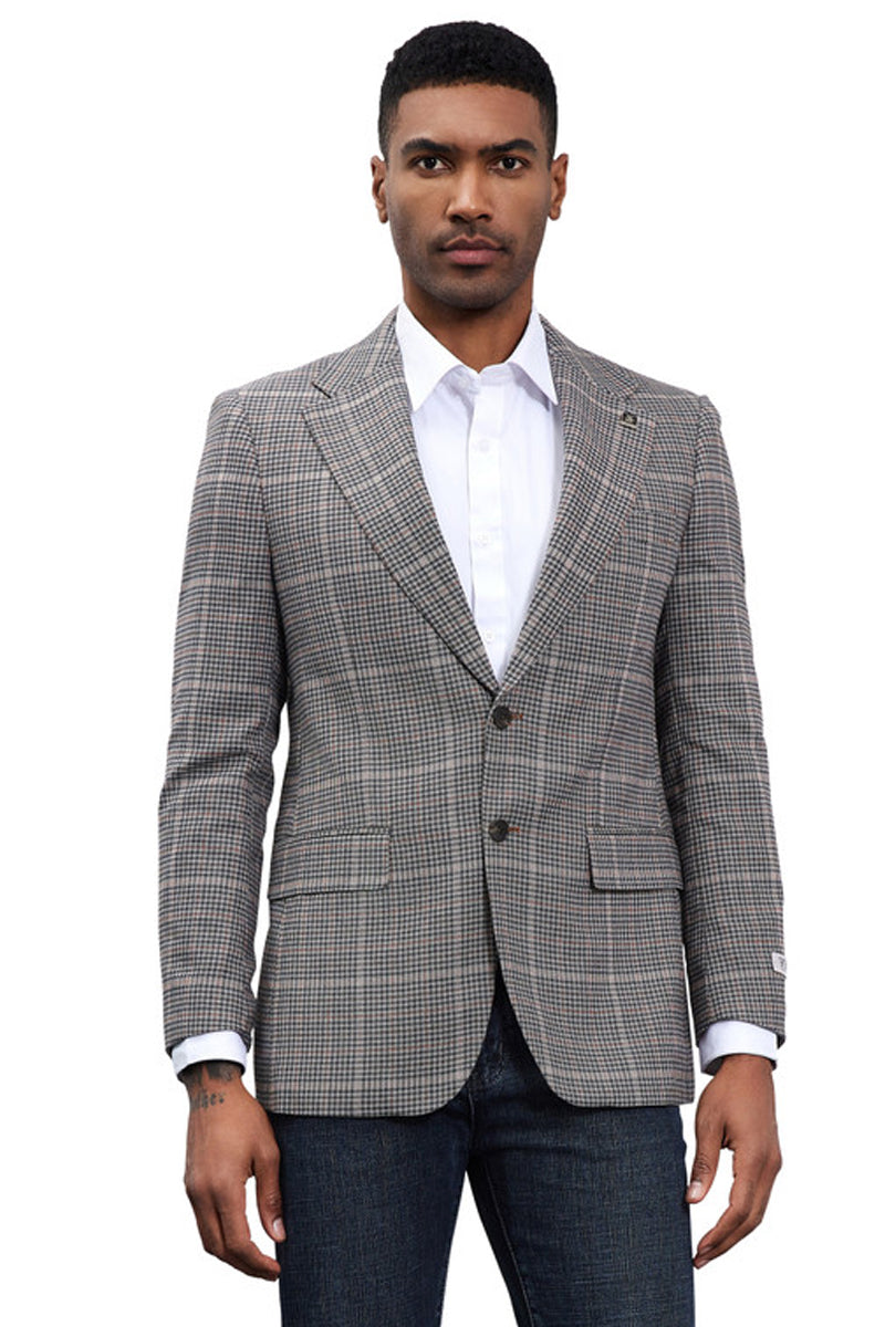 Charcoal grey plaid Stacy Adams men's sport coat. Modern fit, tailored shape with notched lapel and pockets. Textured material with subtle highlights and dark buttons, structured look.