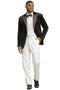 Black velvet men's tuxedo jacket. Features rhinestone-studded lapel, single-button closure, tailored fit, and peak lapels. Luxurious, smooth texture.