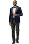 Stacy Adams navy velvet tuxedo jacket for men. Features rhinestone lapel, structured fit, single-button closure, and two front pockets. Soft, plush velvet material.