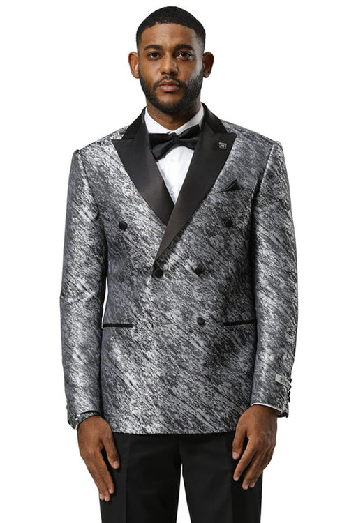 Silver sharkskin tuxedo jacket by Stacy Adams. Double-breasted, textured with a brushstroke pattern. Features black satin peak lapel, double buttons, and flap pockets. Ideal for weddings and proms.