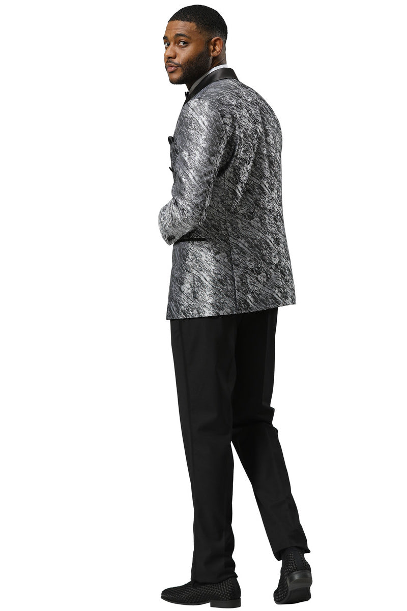 Stacy Adams men's silver sharkskin double-breasted tuxedo jacket. Textured, shiny fabric with peak lapel & back vent for mobility. Metallic silver with a subtle pattern, perfect for weddings/proms.