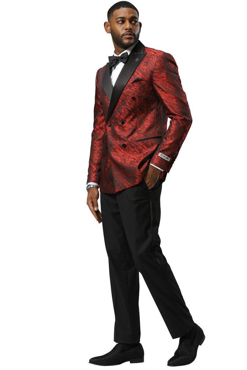 Men's Stacy Adams red sharkskin double-breasted tuxedo jacket. Features peak lapels, structured shape, and black satin accents. Perfect for weddings & proms. Vibrant red & black design.