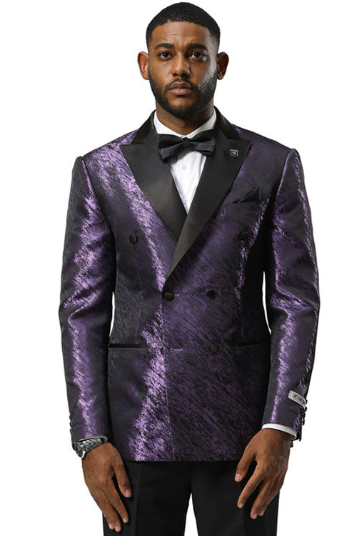 Men's Stacy Adams tuxedo jacket: structured, double-breasted, purple with black accents. Glossy, textured finish, likely satin. Modern cut, perfect for weddings/proms.