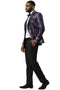 Men's Stacy Adams double-breasted tuxedo jacket. Purple with black accents, slight shimmer, and textured pattern. Tailored silhouette, structured lapel, two front pockets. Ideal for weddings and proms.