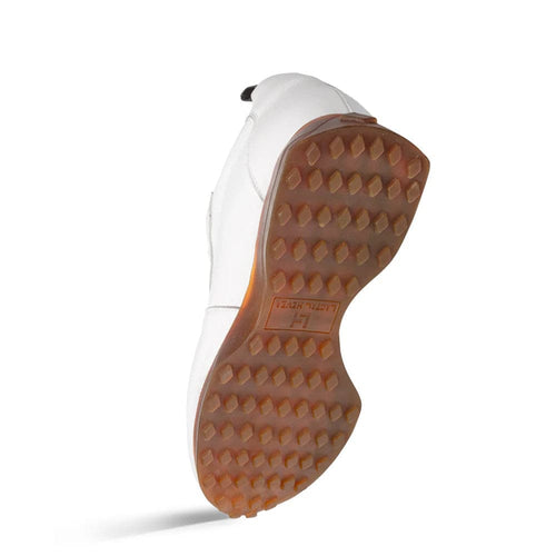 Mezlan's Gerardo men's sneakers: white deerskin upper, smooth rounded shape. Gum sole with diamond-patterned tread for grip.