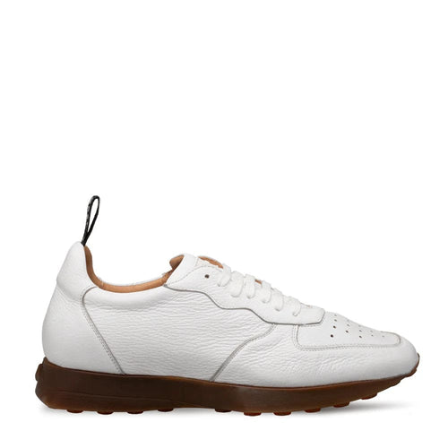 Mezlan's Gerardo men's sneakers: white deerskin with textured finish, rounded toe, and lace-up front. Brown rubber sole for contrast and stability, plus heel pull tab. Perforated toe box for breathability.