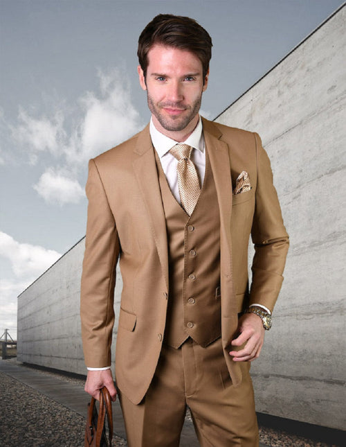 Men's modern fit, 2-button vested wool suit in caramel. Features a fitted shape, matching vest, and notched lapel. Smooth wool fabric, three-piece design.