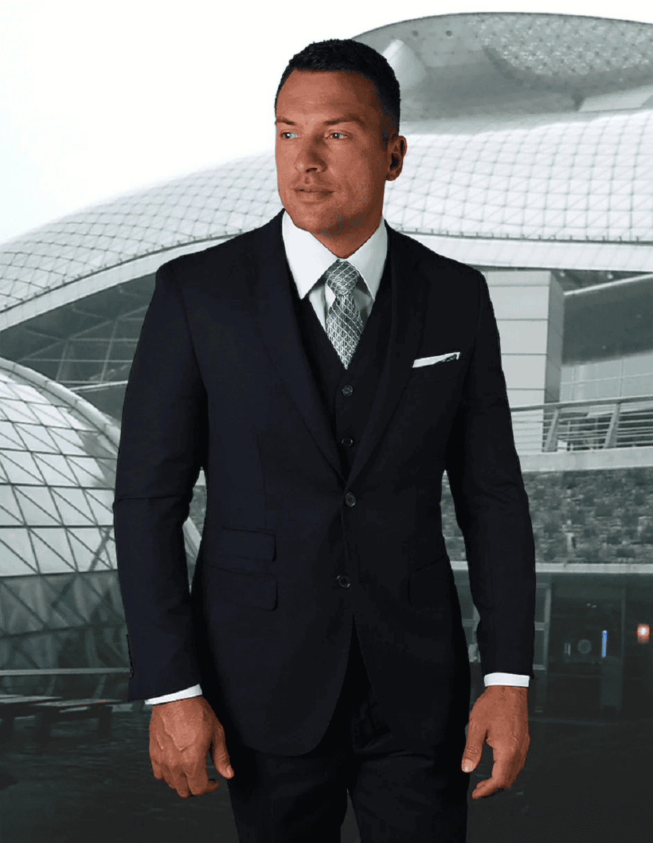 Mens 2 Button Vested Pick Stich Suit in Navy Blue